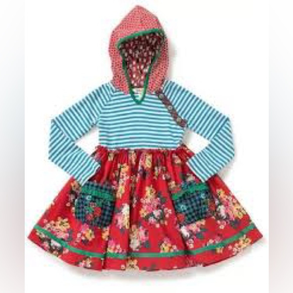 EUC MJC Girls Matilda Jane Red & Blue Striped Floral Flower Christmas Dress 12